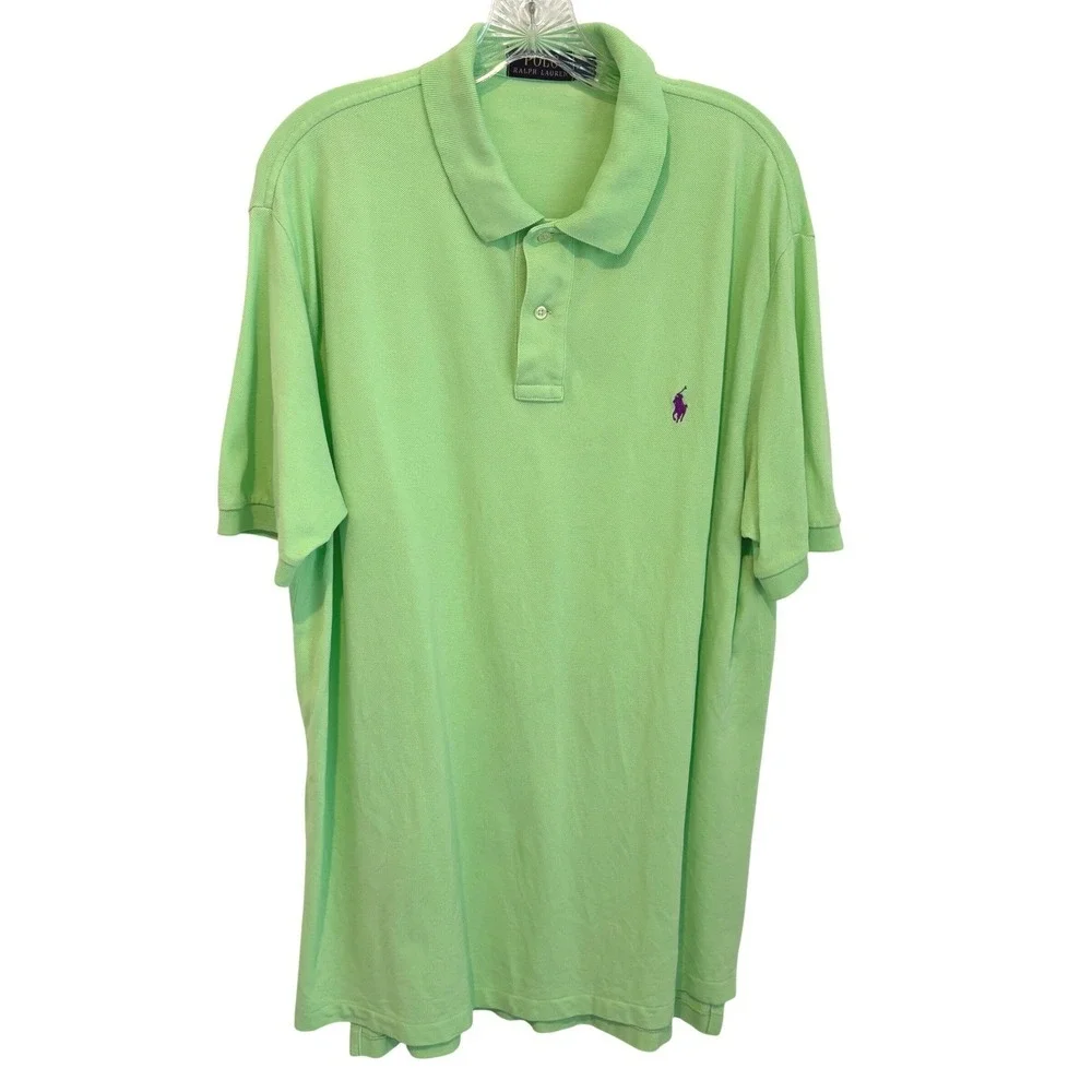 Polo Ralph Lauren Lime Green Polo Shirt Mens XL Purple Pony Logo Short Sleeve